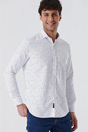 Uzun Kollu Baskılı Oxford Cepsiz Pamuklu Klasik Slim Fit Dar Kesim Gömlek 1004230166 Ekru