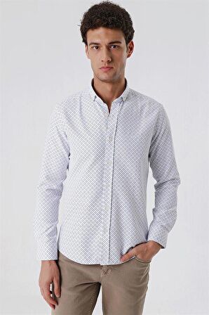 Uzun Kollu Baskılı Oxford Cepsiz Pamuklu Klasik Slim Fit Dar Kesim Gömlek 1004230167 Beyaz