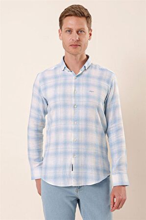 Uzun Kollu Kareli Cepsiz %100 Pamuk Klasik Slim Fit Dar Kesim Gömlek 1004230176 Koyu Mavi