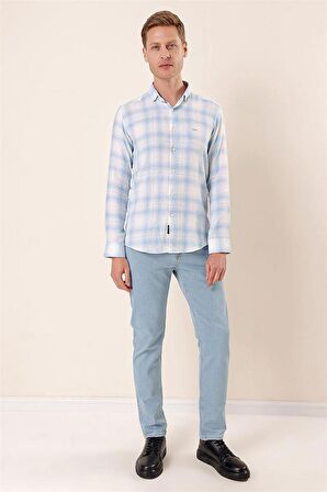 Uzun Kollu Kareli Cepsiz %100 Pamuk Klasik Slim Fit Dar Kesim Gömlek 1004230176 Koyu Mavi