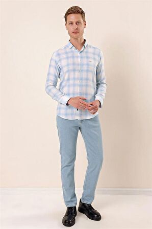 Uzun Kollu Kareli Cepsiz %100 Pamuk Klasik Slim Fit Dar Kesim Gömlek 1004230176 Koyu Mavi