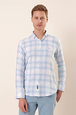 Uzun Kollu Kareli Cepsiz %100 Pamuk Klasik Slim Fit Dar Kesim Gömlek 1004230176 Koyu Mavi