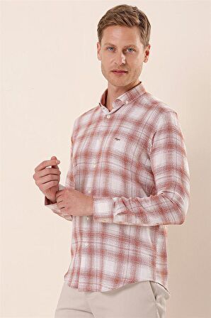 Uzun Kollu Kareli Cepsiz %100 Pamuk Klasik Slim Fit Dar Kesim Gömlek 1004230176 Kiremit