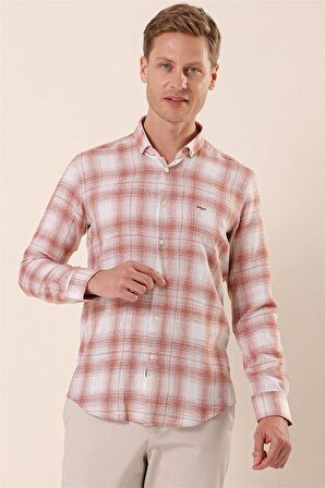 Uzun Kollu Kareli Cepsiz %100 Pamuk Klasik Slim Fit Dar Kesim Gömlek 1004230176 Kiremit