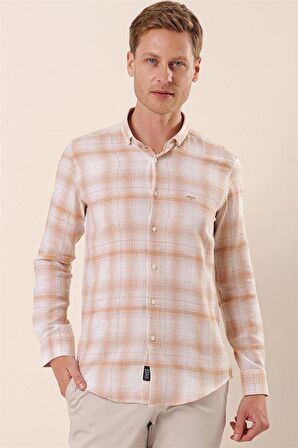 Uzun Kollu Kareli Cepsiz %100 Pamuk Klasik Slim Fit Dar Kesim Gömlek 1004230176 Bej