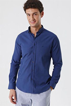 Uzun Kollu Gofreli Cepsiz Pamuklu Likralı Klasik Slim Fit Dar Kesim Gömlek 1004230178 İndigo Mavi