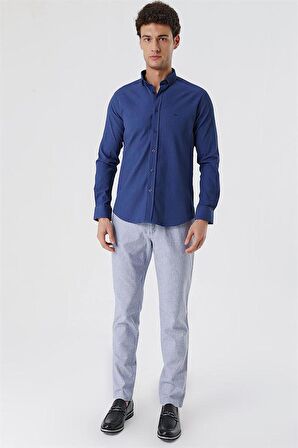 Uzun Kollu Gofreli Cepsiz Pamuklu Likralı Klasik Slim Fit Dar Kesim Gömlek 1004230178 İndigo Mavi
