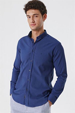 Uzun Kollu Gofreli Cepsiz Pamuklu Likralı Klasik Slim Fit Dar Kesim Gömlek 1004230178 İndigo Mavi