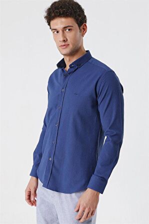 Uzun Kollu Gofreli Cepsiz Pamuklu Likralı Klasik Slim Fit Dar Kesim Gömlek 1004230178 İndigo Mavi