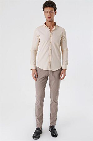 Uzun Kollu Gofreli Cepsiz Pamuklu Likralı Klasik Slim Fit Dar Kesim Gömlek 1004230178 Açık Bej