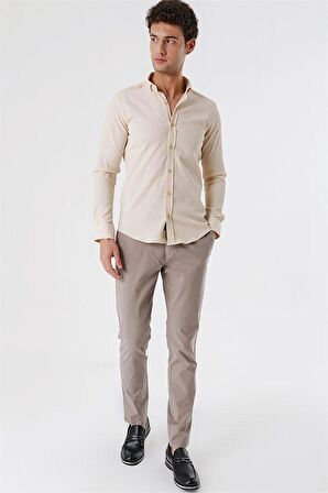 Uzun Kollu Gofreli Cepsiz Pamuklu Likralı Klasik Slim Fit Dar Kesim Gömlek 1004230178 Açık Bej