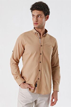 Kısalabilir Kollu Cepsiz Biyeli %100 Pamuk Casual Slim Fit Dar Kesim Gömlek 1004230179 Camel