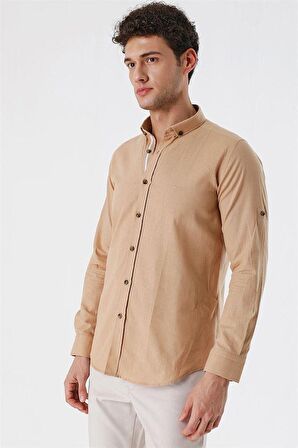 Kısalabilir Kollu Cepsiz Biyeli %100 Pamuk Casual Slim Fit Dar Kesim Gömlek 1004230179 Camel