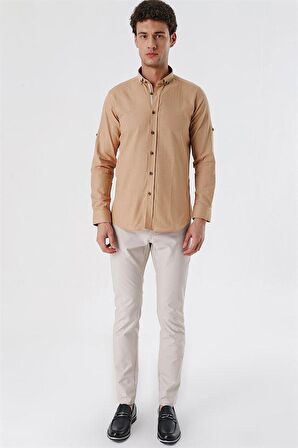Kısalabilir Kollu Cepsiz Biyeli %100 Pamuk Casual Slim Fit Dar Kesim Gömlek 1004230179 Camel