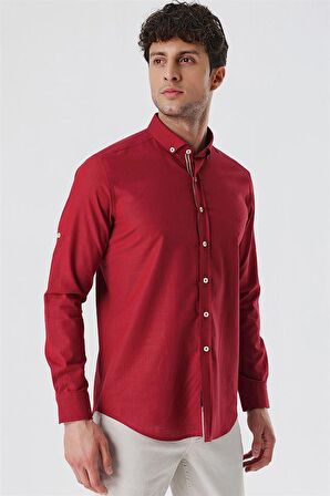 Kısalabilir Kollu Cepsiz Biyeli %100 Pamuk Casual Slim Fit Dar Kesim Gömlek 1004230179 Koyu Kırmızı