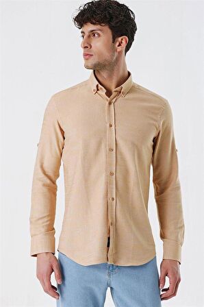 Kısalabilir Kollu Gabardin Cepsiz %100 Pamuk Casual Slim Fit Dar Kesim Gömlek 1004230180 Bej