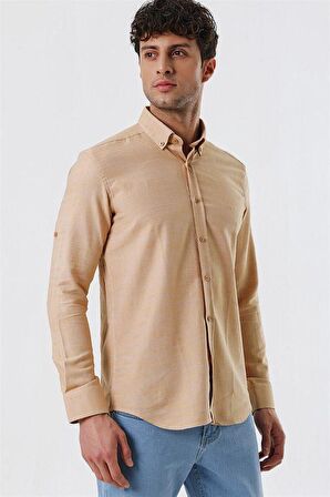 Kısalabilir Kollu Gabardin Cepsiz %100 Pamuk Casual Slim Fit Dar Kesim Gömlek 1004230180 Bej