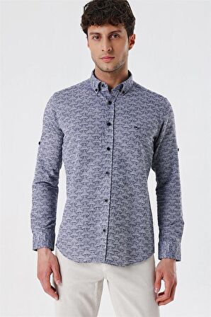 Kısalabilir Kollu Desenli JakarlıCepsiz %100 Pamuk Casual Slim Fit Gömlek 1004230181 Koyu Lacivert