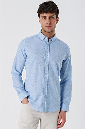 Kısalabilir Kollu Desenli JakarlıCepsiz %100 Pamuk Casual Slim Fit Gömlek 1004230181 Koyu Mavi