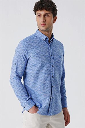 Kısalabilir Kollu Desenli JakarlıCepsiz %100 Pamuk Casual Slim Fit Gömlek 1004230181 Mavi