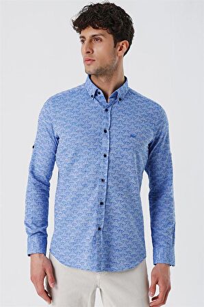 Kısalabilir Kollu Desenli JakarlıCepsiz %100 Pamuk Casual Slim Fit Gömlek 1004230181 Mavi