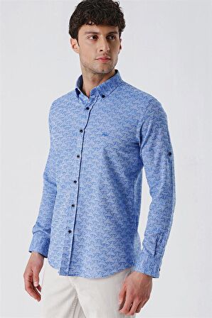 Kısalabilir Kollu Desenli JakarlıCepsiz %100 Pamuk Casual Slim Fit Gömlek 1004230181 Mavi