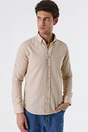 Kısalabilir Kollu Desenli JakarlıCepsiz %100 Pamuk Casual Slim Fit Gömlek 1004230181 Bej