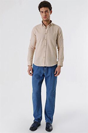 Kısalabilir Kollu Desenli JakarlıCepsiz %100 Pamuk Casual Slim Fit Gömlek 1004230181 Bej