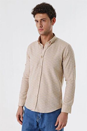 Kısalabilir Kollu Desenli JakarlıCepsiz %100 Pamuk Casual Slim Fit Gömlek 1004230181 Bej