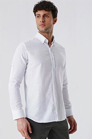 Kısalabilir Kollu Desenli JakarlıCepsiz %100 Pamuk Casual Slim Fit Gömlek 1004230181 Beyaz