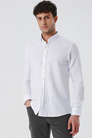 Kısalabilir Kollu Desenli JakarlıCepsiz %100 Pamuk Casual Slim Fit Gömlek 1004230181 Beyaz