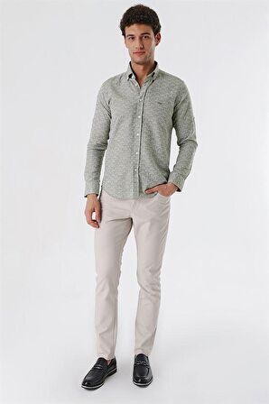 Kısalabilir Kollu Desenli JakarlıCepsiz %100 Pamuk Casual Slim Fit Gömlek 1004230181 Koyu Haki