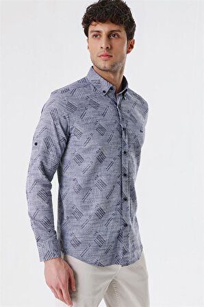 Kısalabilir Kollu Desenli JakarlıCepsiz %100 Pamuk Casual Slim Fit Gömlek 1004230182 Koyu Lacivert