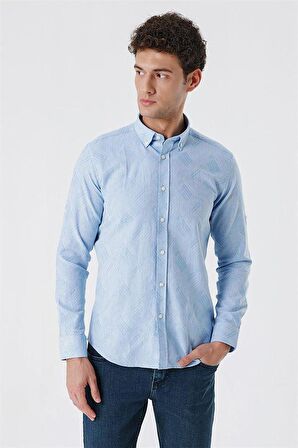 Kısalabilir Kollu Desenli JakarlıCepsiz %100 Pamuk Casual Slim Fit Gömlek 1004230182 Koyu Mavi