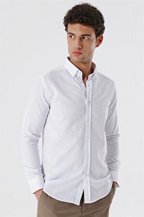 Kısalabilir Kollu Desenli JakarlıCepsiz %100 Pamuk Casual Slim Fit Gömlek 1004230182 Beyaz