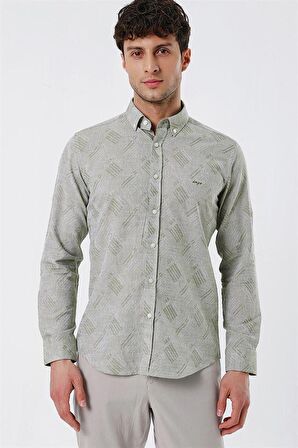Kısalabilir Kollu Desenli JakarlıCepsiz %100 Pamuk Casual Slim Fit Gömlek 1004230182 Koyu Haki