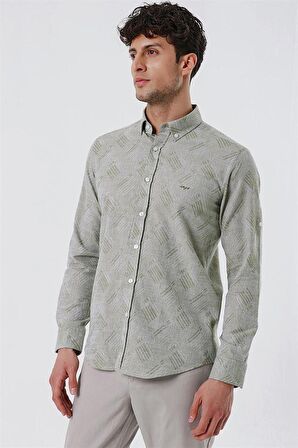Kısalabilir Kollu Desenli JakarlıCepsiz %100 Pamuk Casual Slim Fit Gömlek 1004230182 Koyu Haki