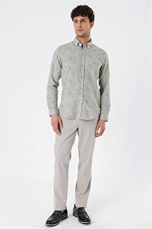 Kısalabilir Kollu Desenli JakarlıCepsiz %100 Pamuk Casual Slim Fit Gömlek 1004230182 Koyu Haki