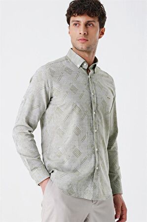 Kısalabilir Kollu Desenli JakarlıCepsiz %100 Pamuk Casual Slim Fit Gömlek 1004230182 Koyu Haki