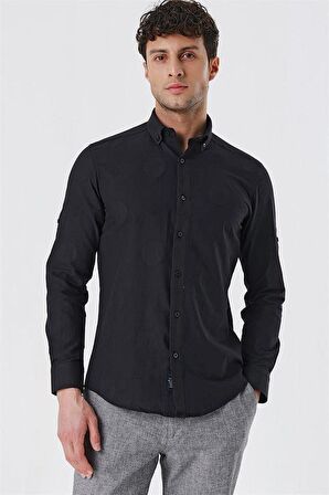 Kısalabilir Kollu Desenli JakarlıCepsiz %100 Pamuk Casual Slim Fit Gömlek 1004230183 Siyah