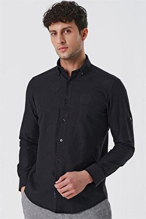 Kısalabilir Kollu Desenli JakarlıCepsiz %100 Pamuk Casual Slim Fit Gömlek 1004230183 Siyah