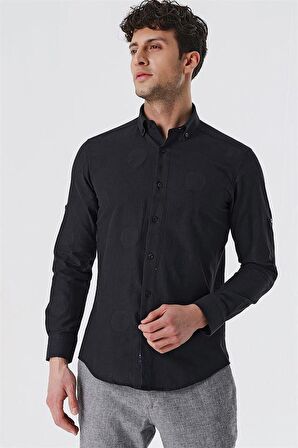 Kısalabilir Kollu Desenli JakarlıCepsiz %100 Pamuk Casual Slim Fit Gömlek 1004230183 Siyah
