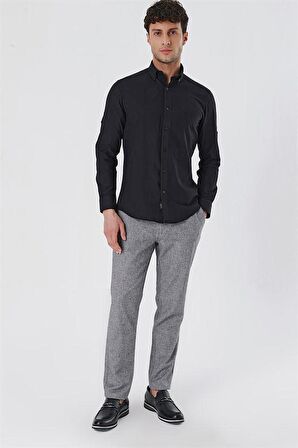 Kısalabilir Kollu Desenli JakarlıCepsiz %100 Pamuk Casual Slim Fit Gömlek 1004230183 Siyah