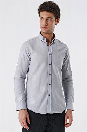 Kısalabilir Kollu Desenli JakarlıCepsiz %100 Pamuk Casual Slim Fit Gömlek 1004230183 Açık Gri
