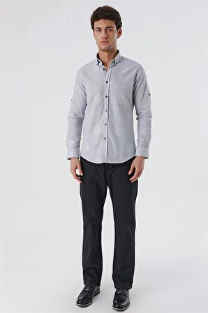 Kısalabilir Kollu Desenli JakarlıCepsiz %100 Pamuk Casual Slim Fit Gömlek 1004230183 Açık Gri