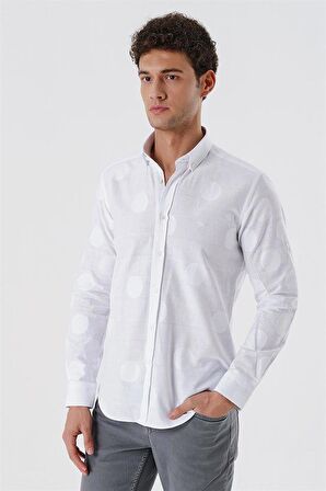 Kısalabilir Kollu Desenli JakarlıCepsiz %100 Pamuk Casual Slim Fit Gömlek 1004230183 Beyaz