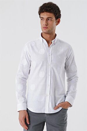 Kısalabilir Kollu Desenli JakarlıCepsiz %100 Pamuk Casual Slim Fit Gömlek 1004230183 Beyaz