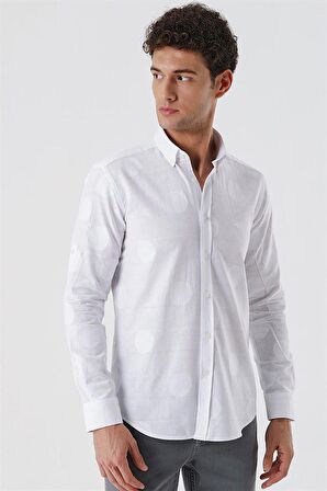 Kısalabilir Kollu Desenli JakarlıCepsiz %100 Pamuk Casual Slim Fit Gömlek 1004230183 Beyaz