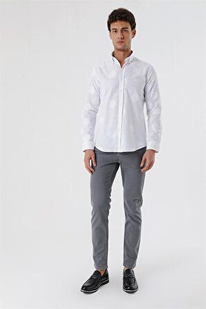 Kısalabilir Kollu Desenli JakarlıCepsiz %100 Pamuk Casual Slim Fit Gömlek 1004230183 Beyaz