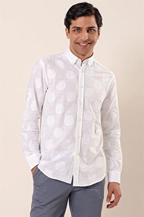 Kısalabilir Kollu Desenli JakarlıCepsiz %100 Pamuk Casual Slim Fit Gömlek 1004230183 Beyaz